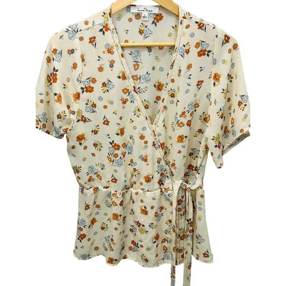 Love Tree Tops - Love Tree Floral Wrap Blouse Top Ivory Orange Blue Petite Size L